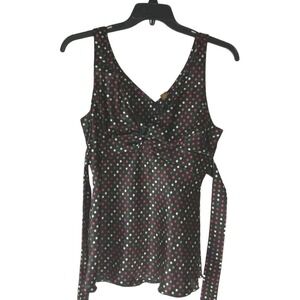 Copper Key Womens Top Multicolor Polka Dot V Neck Sleeveless Blouse Tie Large
